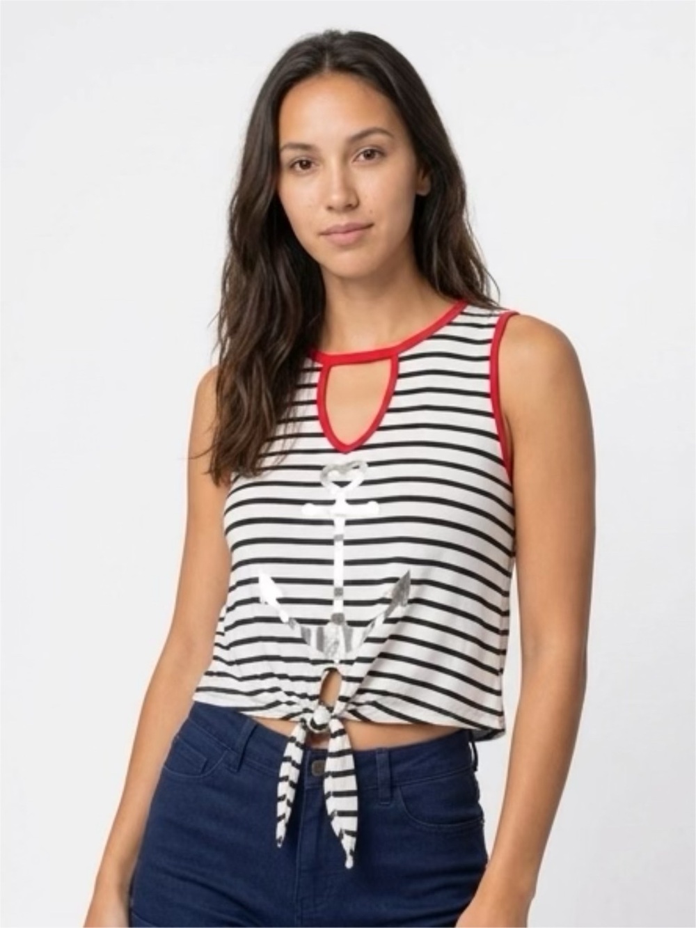 Daisy May Black & White Striped Tank with Red Trim and Anchor Design